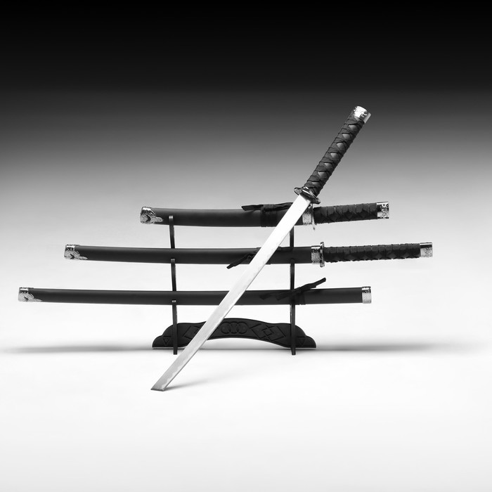 Макет оружия «Сувенирные катаны на подставке 3в1. Строгость», подарочный набор, ножны кожзам, матовая, чёрная, 47 см; 70 см; 89 см - Фото 1