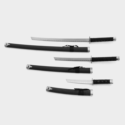 Макет оружия «Сувенирные катаны на подставке 3в1. Строгость», подарочный набор, ножны кожзам, матовая, чёрная, 47 см; 70 см; 89 см