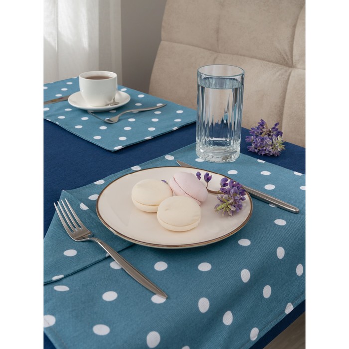 Набор кухонный скатерть, подставки Blue polka dot, размер 110х140 см, 35х45 см - 4 шт, горох, синий - Фото 1