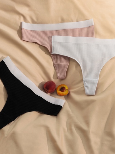 Трусы женские бразильяно MINAKU рубчик, набор 3 шт., размер 44-46, белые, бежевые, чёрные