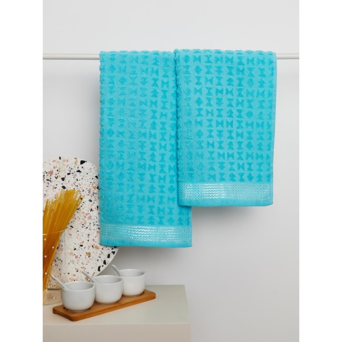 Набор махровых полотенец, размер 30х60 см, 2 шт, цвет голубой - Фото 1