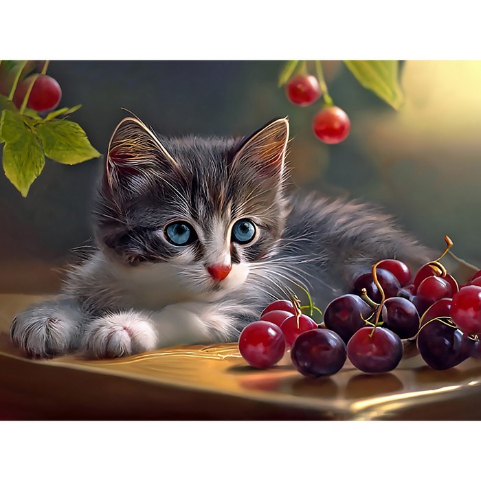 Алмазная мозаика «Котенок с ягодами» 30 × 40 см, на подрамнике - Фото 1
