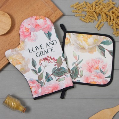 Набор кухонный «Этель» Love and Grace: варежка-прихватка 20×28 см, прихватка 19×19 см,100% хлопок