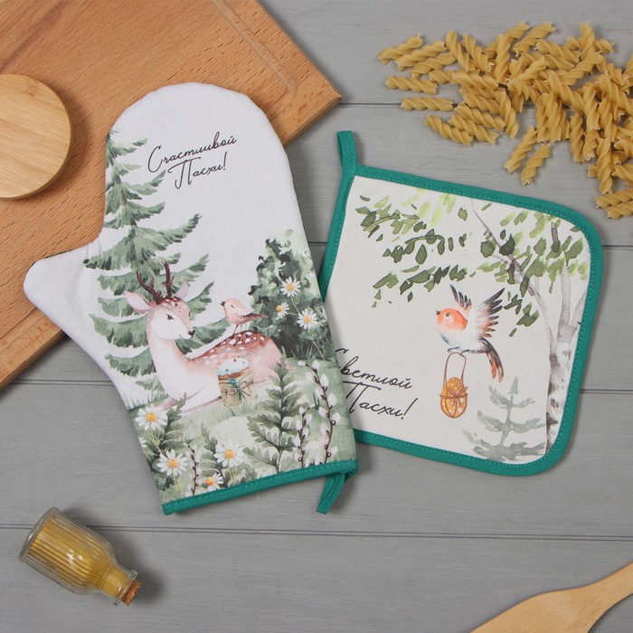 Набор кухонный «Этель. Лесная сказка»: варежка-прихватка 20×28 см, прихватка 19×19 см,100% хлопок - Фото 1