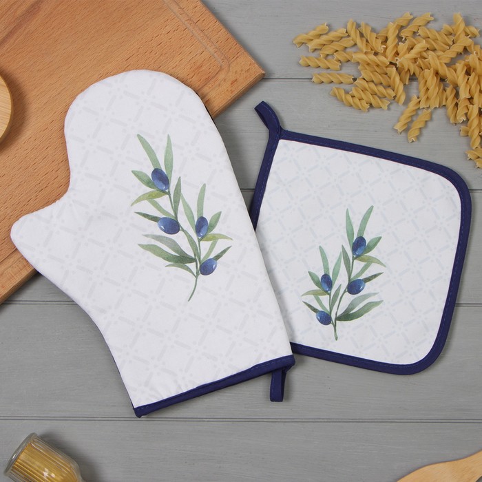 Набор кухонный «Этель. Олива»: варежка-прихватка 20×28 см, прихватка 19×19 см,100% хлопок