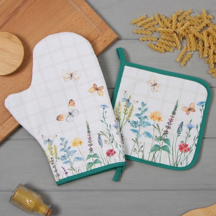 Набор кухонный «Этель. Полевые цветы»: варежка-прихватка 20×28 см, прихватка 19×19 см,100% хлопок