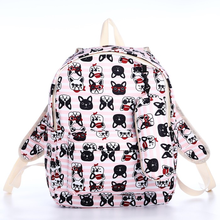 Рюкзак школьный из текстиля на молнии, 3 кармана, пенал, цвет розовый - Фото 1