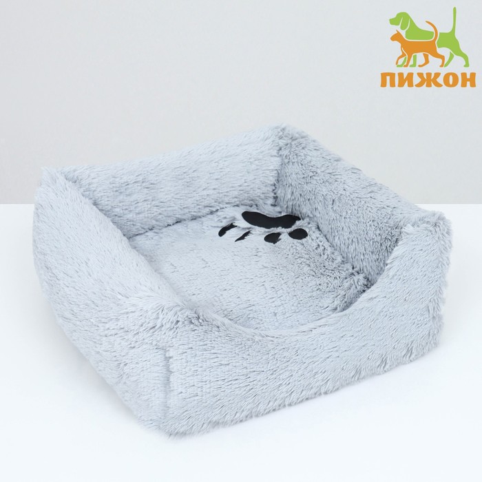 Лежак с подушкой квадратный пухлый "BELKA", 45 х 45 х15 см, мех, сатин, периотек, серый - Фото 1