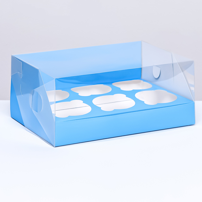 Кондитерская складная коробка для 6 капкейков 23,5 х 16 х 10 , Голубая - Фото 1