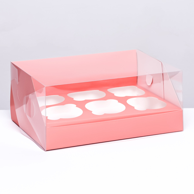 Кондитерская складная коробка для 6 капкейков 23,5 х 16 х 10 , Розовая
