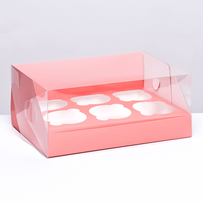 Кондитерская складная коробка для 6 капкейков 23,5 х 16 х 10 , Розовая - Фото 1