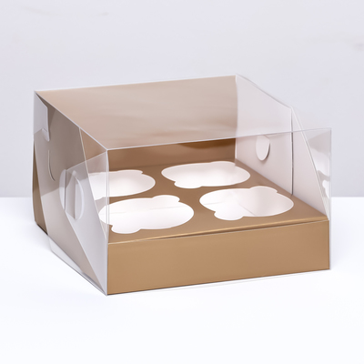 Коробка для 4 капкейков 16×16×10, Золотая