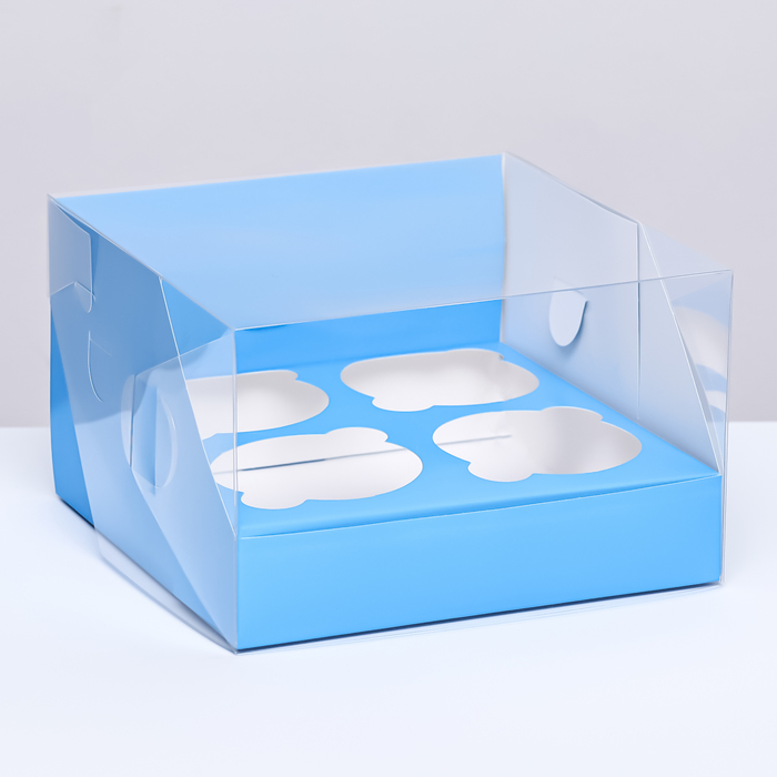 Кондитерская складная коробка для 4 капкейков 16 х 16 х 10 , Голубая - Фото 1
