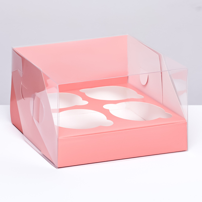 Кондитерская складная коробка для 4 капкейков 16 х 16 х 10 , Розовая
