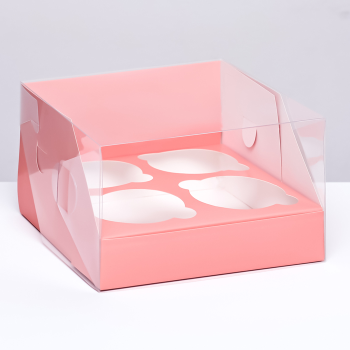 Кондитерская складная коробка для 4 капкейков 16 х 16 х 10 , Розовая - Фото 1
