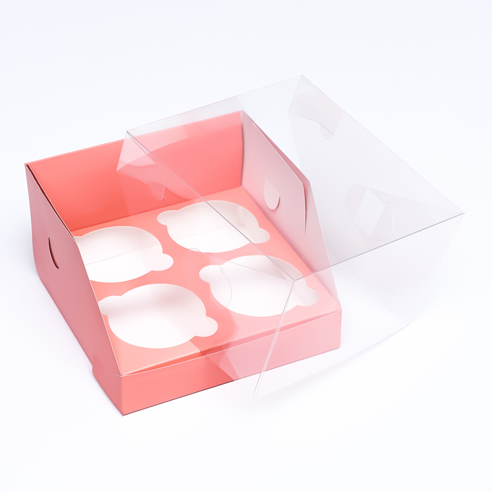 Кондитерская складная коробка для 4 капкейков 16 х 16 х 10 , Розовая