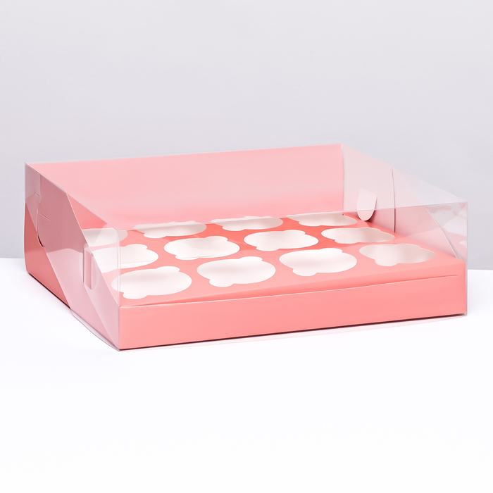 Кондитерская складная коробка для 12 капкейков 31х 23,5 х 10 , Розовая - Фото 1