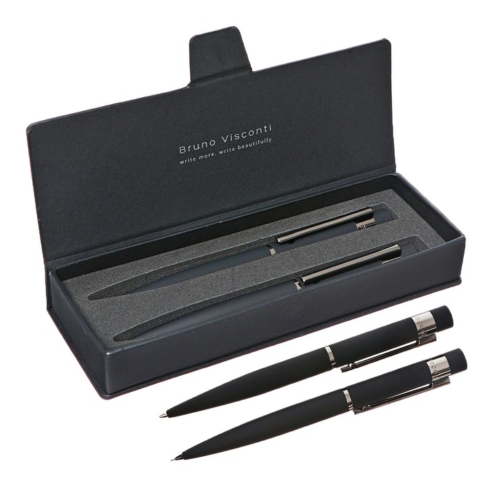 Набор BrunoVisconti VERONA: ручка шариковая поворотная 1.0 мм + карандаш механический 0.7 мм, металлический корпус Soft Touch чёрный, в футляре - Фото 1