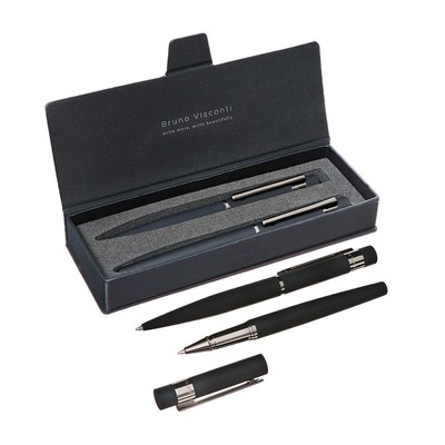 Набор BrunoVisconti VERONA: ручка шариковая поворотная 1.0 мм + ручка-роллер 0.7 мм, металлический корпус Soft Touch чёрный, в футляре