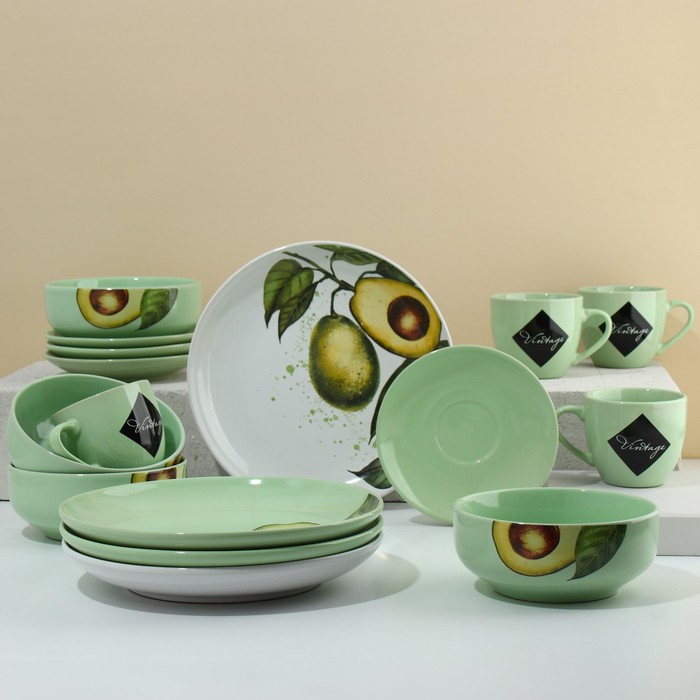 Набор посуды из керамики на 4 персоны «Авокадо», 16 предметов: 4 тарелки 23 см, 4 миски 14.5 см, 4 кружки 250 мл, 4 блюдца 15 см - фото 1907958889