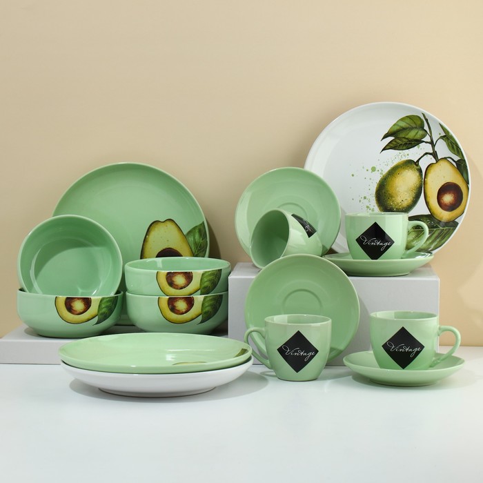 Набор посуды из керамики на 4 персоны «Авокадо», 16 предметов: 4 тарелки 23 см, 4 миски 14.5 см, 4 кружки 250 мл, 4 блюдца 15 см - фото 1926935060
