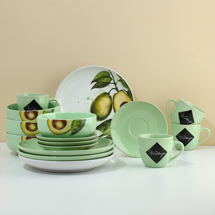Набор посуды из керамики на 4 персоны «Авокадо», 16 предметов: 4 тарелки 23 см, 4 миски 14.5 см, 4 кружки 250 мл, 4 блюдца 15 см - фото 1907958905