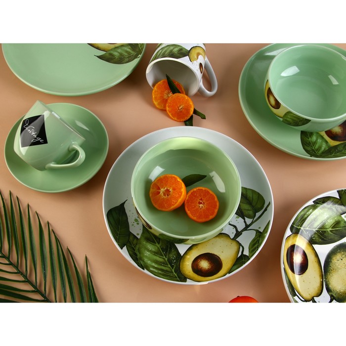 Набор посуды из керамики на 4 персоны «Авокадо», 16 предметов: 4 тарелки 23 см, 4 миски 14.5 см, 4 кружки 250 мл, 4 блюдца 15 см - фото 1926935063