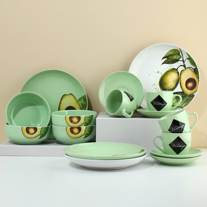 Набор посуды из керамики на 4 персоны «Авокадо», 16 предметов: 4 тарелки 23 см, 4 миски 14.5 см, 4 кружки 250 мл, 4 блюдца 15 см - фото 1907958890