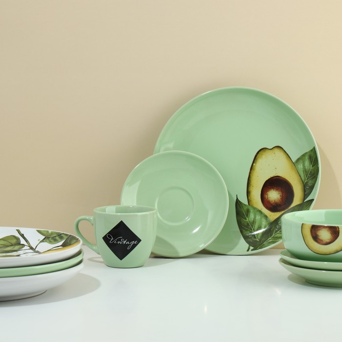 Набор посуды из керамики на 4 персоны «Авокадо», 16 предметов: 4 тарелки 23 см, 4 миски 14.5 см, 4 кружки 250 мл, 4 блюдца 15 см - фото 1926935048
