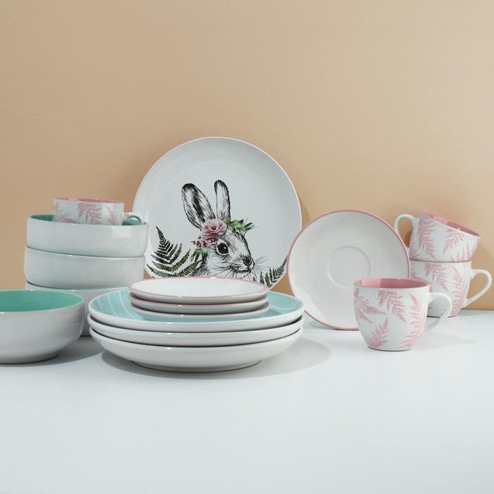 Набор посуды на 4 персоны «Пасха. Лесные персонажи», 16 предметов: 4 тарелки 23 см, 4 миски 14.5 см, 4 кружки 250 мл, 4 блюдца 15 см. - фото 1926935101