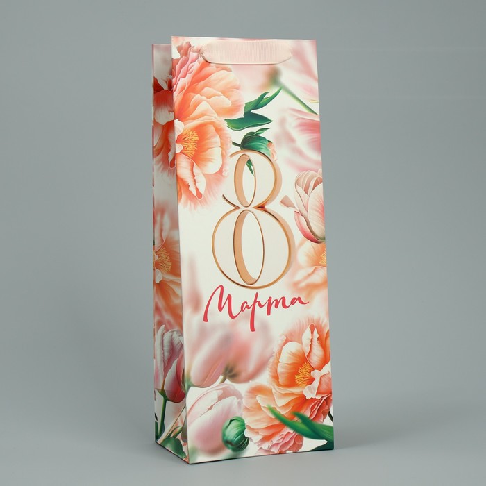 Пакет ламинированный под бутылку «8 марта», цветы, 13 x 36 x 10 см