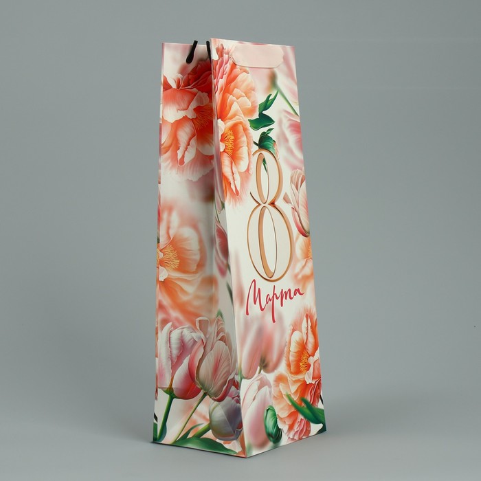 Пакет подарочный ламинированный под бутылку, упаковка, «8 марта», цветы, 13 x 36 x 10 см - фото 1891808409