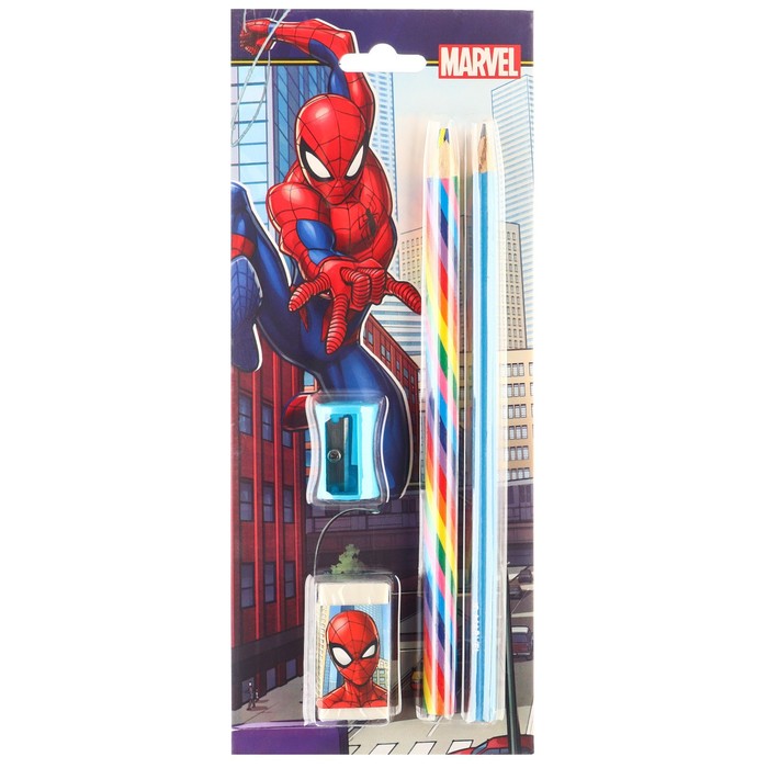 Набор канцелярский, точилка, ластик, карандаш, Человек-паук цвет МИКС