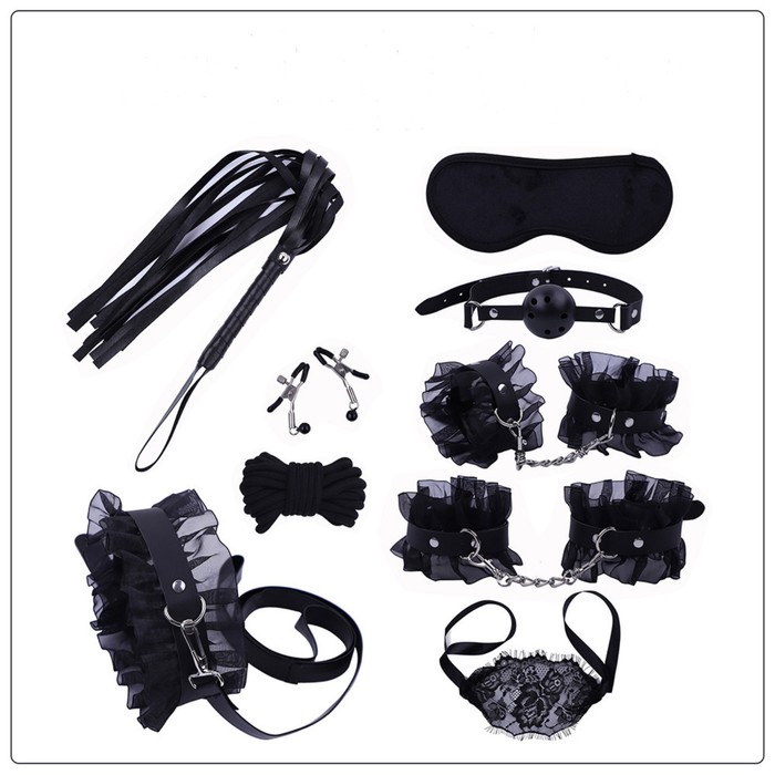 Эротический БДСМ набор Оки-Чпоки, с черным кружевом, чёрный, экокожа, 9 предметов - Фото 1