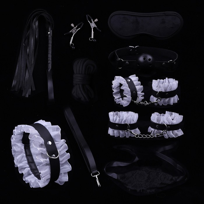 Эротический БДСМ набор Оки-Чпоки, с белым кружевом, чёрный, экокожа, 9 предметов - Фото 1