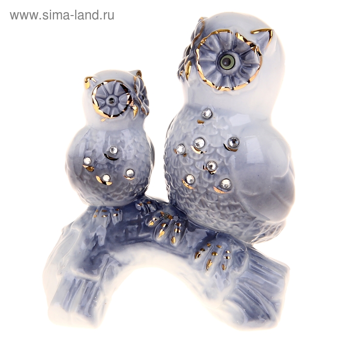 Сувенир керамика "Два филина" голубой, со стразами, 12х10х7 см - Фото 1