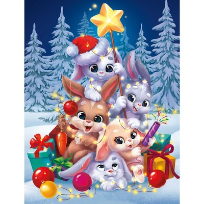 Картина по номерам на новый год на холсте с подрамником «Игривые кролики», 30 × 40 см
