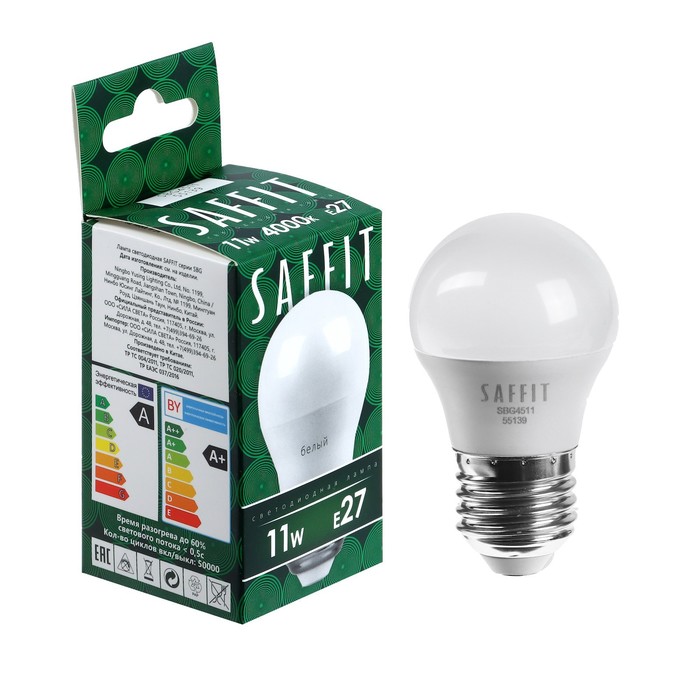 Лампа светодиодная SAFFIT, 11W 230V E27 4000K G45, SBG4511 - фото 1907961535