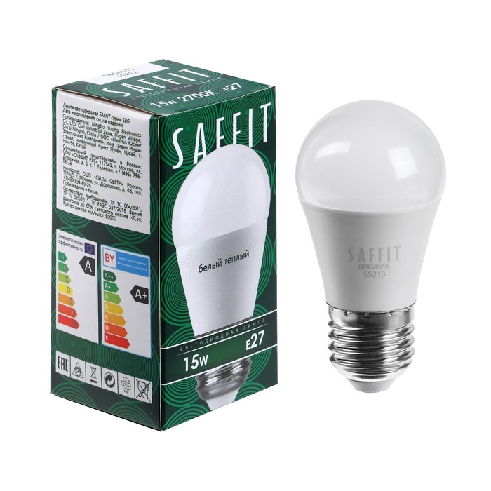 Лампа светодиодная SAFFIT, 15W 230V E27 2700K G45, SBG4515 - Фото 1