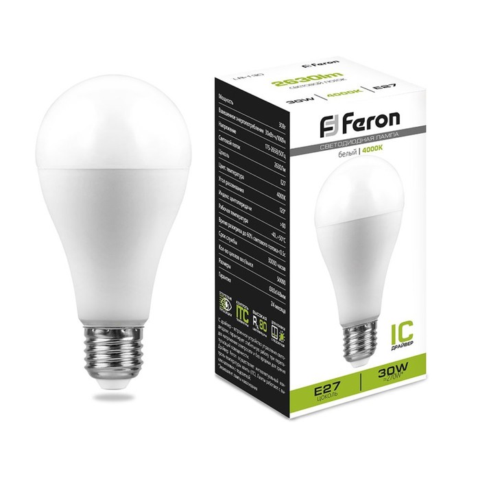 Лампа светодиодная FERON, (30W) 230V E27 4000K A80, LB-130