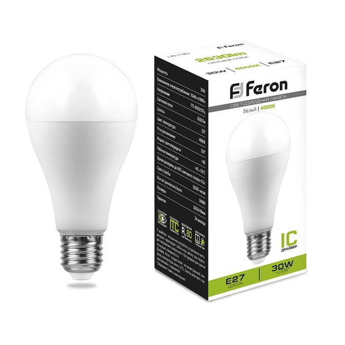 Лампа светодиодная FERON, (30W) 230V E27 4000K A80, LB-130 - Фото 1