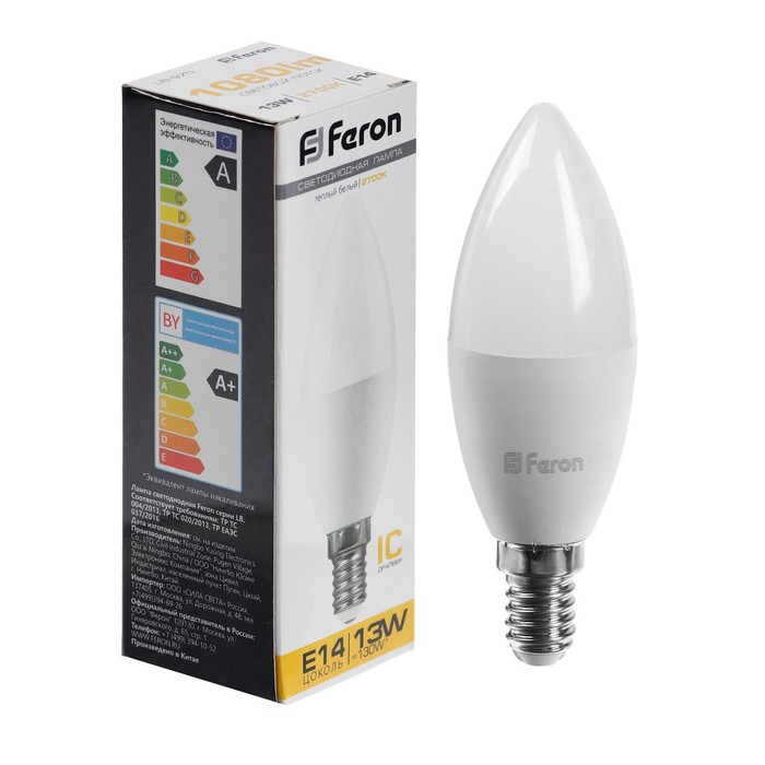 Лампа светодиодная FERON, (13W) 230V E14 2700K С37, LB-970