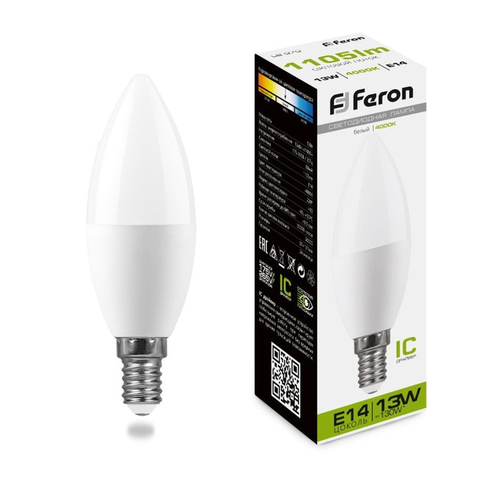Лампа светодиодная FERON, (13W) 230V E14 4000K С37, LB-970