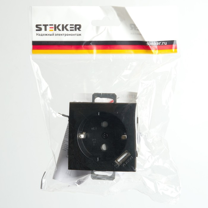 Розетка 1-местная с/з (механизм)  и с USB, STEKKER серия Эрна, PST16-9111-03, черный