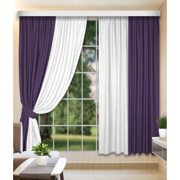Комплект штор, размер 160x250 см, 2 шт, цвет фиолетовый белый - Фото 1