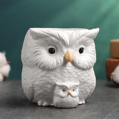 Фигурное кашпо для цветов «Сова с совёнком», 12×14×10 см, гипс, белое