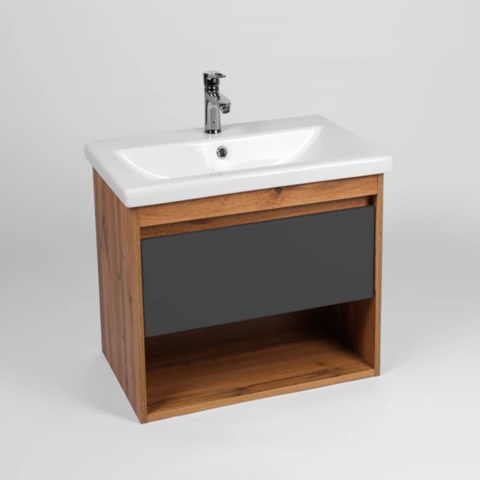 Тумба подвесная VIANT «Бостон», 1 ящик, с раковиной COMO 60, 430×560×500 мм, цвет дуб вотан/графит