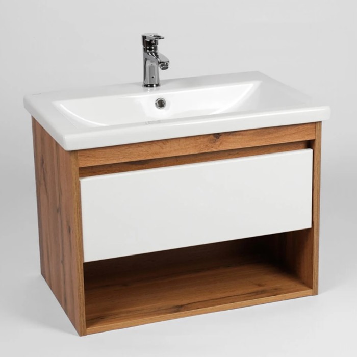Тумба подвесная VIANT «Бостон», 1 ящик, с раковиной COMO 70, 425×655×500 мм, цвет дуб вотан/белый