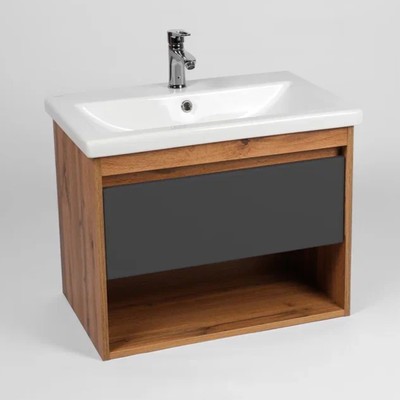 Тумба подвесная для ванны VIANT «Бостон», 1 ящик, с раковиной COMO 70, 425×655×500 мм, цвет дуб вотан/графит