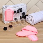 Набор банный, в косметичке, 8 предметов (полотенце 70 × 140 см, бутылочки 3 шт, баночки 2 шт, повязка на голову, лопатка) , цвет белый/розовый - Фото 2